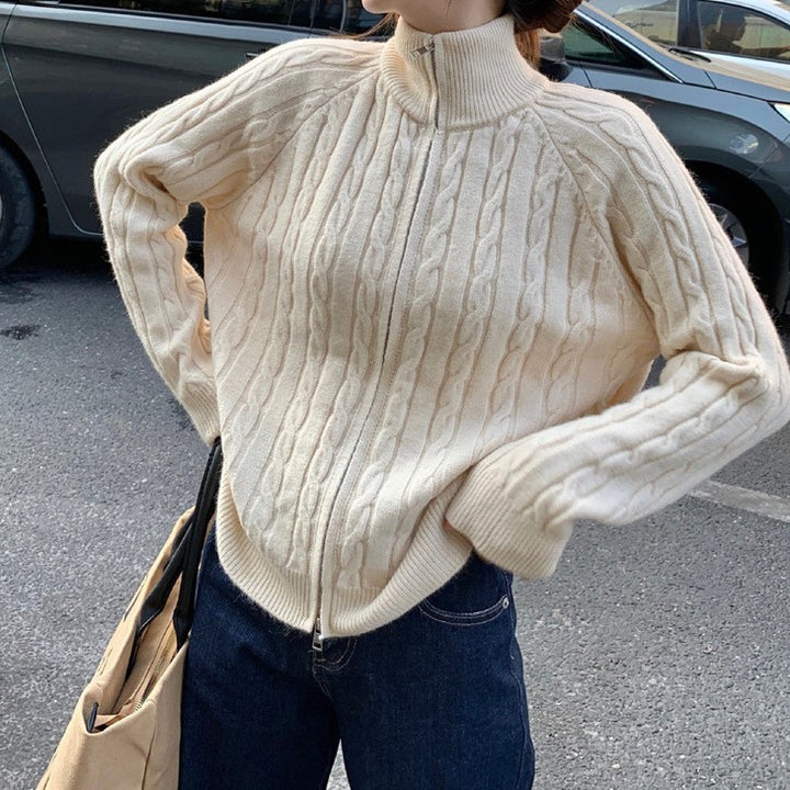 Kvinders chunky strik cardigan med høj krave og asymmetrisk snit Stilla