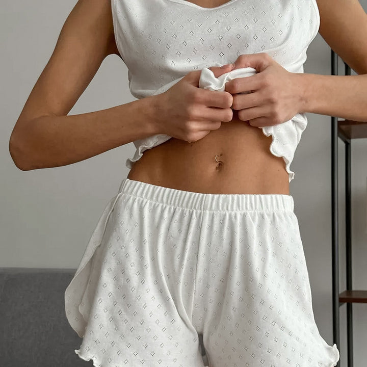 Dame komfortable sove shorts-sæt med ruffle detaljer Stilla