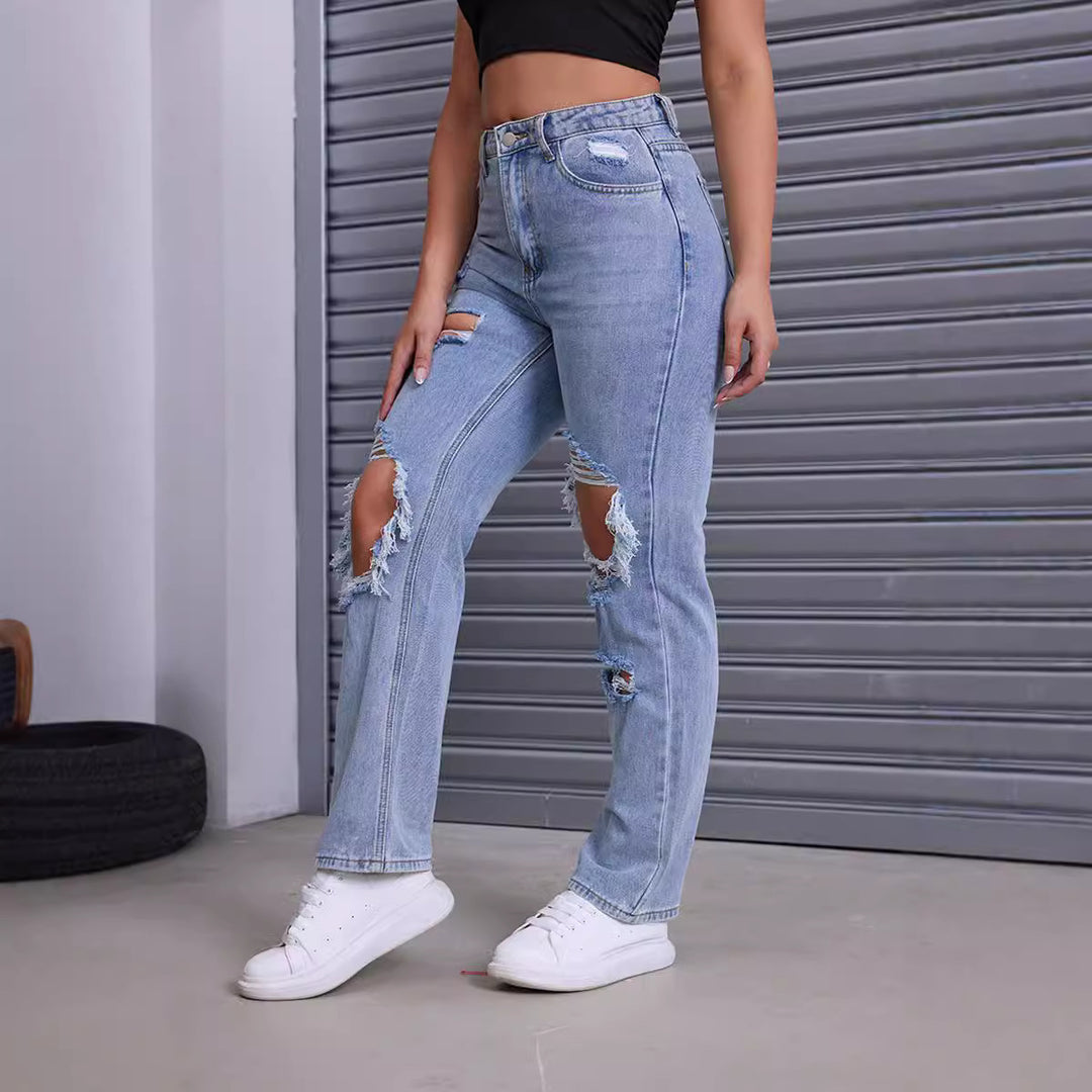 Dame Destroyed Jeans med moderne høj talje snit og iøjnefaldende revnedetaljer Stilla