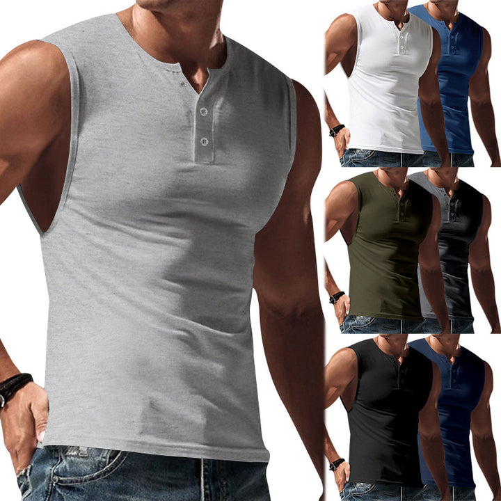 Herren ærmeløs muskelshirt med Henley-knaplukning, dyb armudskæring og elastisk bomuldsblanding Skovae