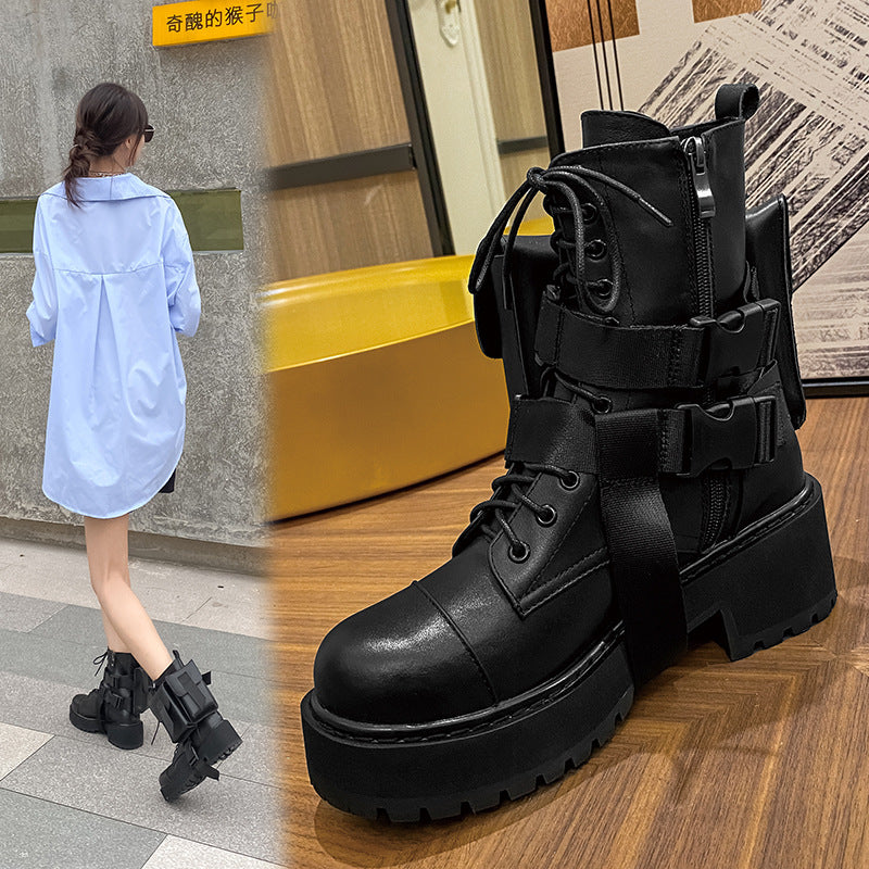 Femme Chunky Combat Støvler med Utility Lommer Stilla