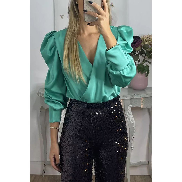 Dame Højhalset Satin-top med Puffærmer og Vikkel Design Stiila