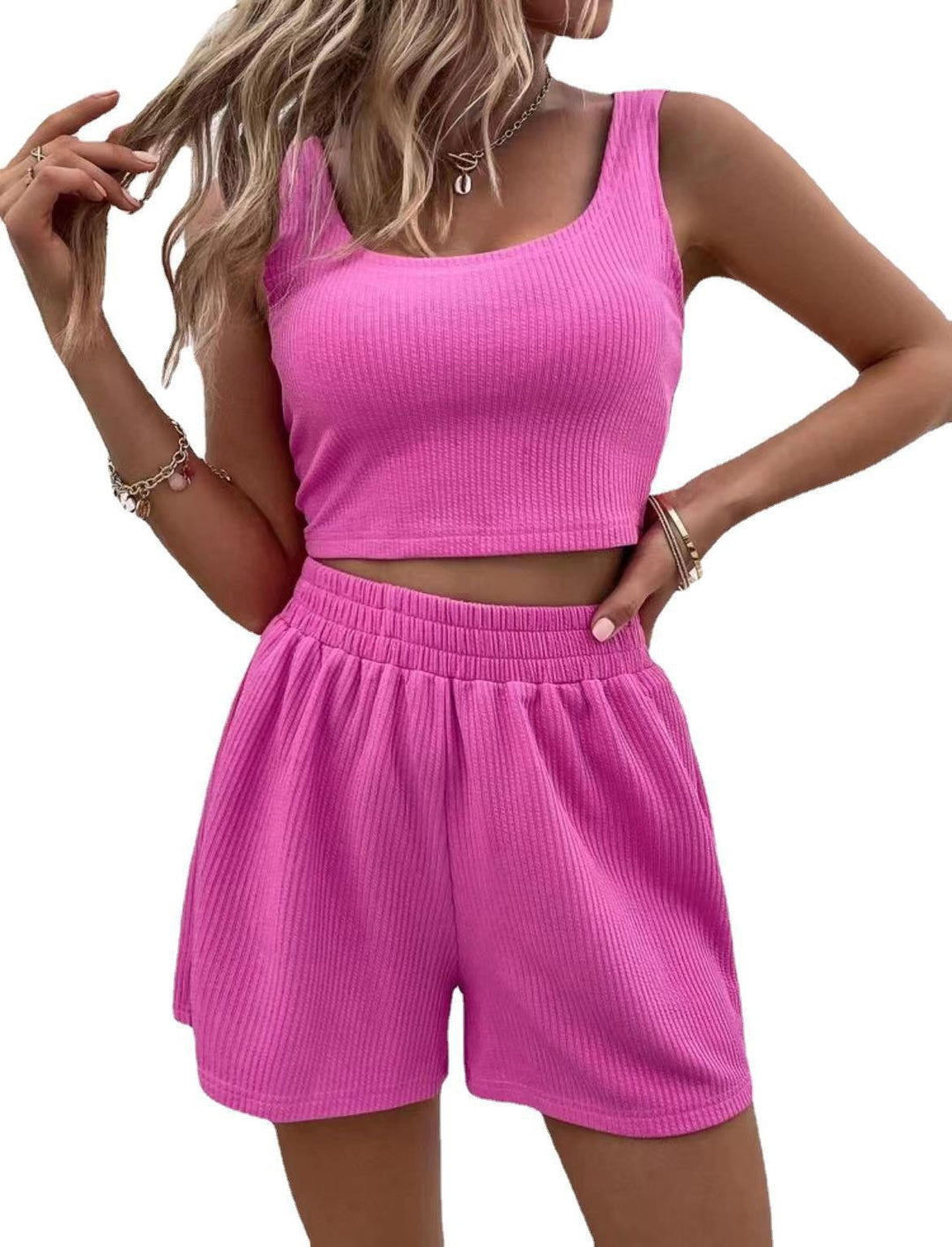 Dame afslappet Crop-Top og shorts-sæt med ribstruktur Stilla