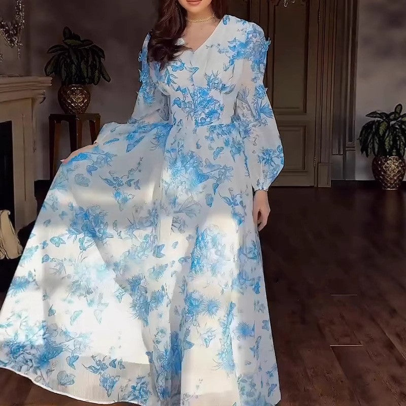Dame Maxikjole med blomstret spidsmønster og voluminøse ærmer Stilla