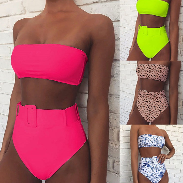 Dame høj taljet bandeau bikini sæt med moderne leopardmønster Skovae