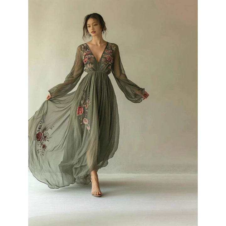 Dame Broderet Chiffon Maxi Kjole Stilla