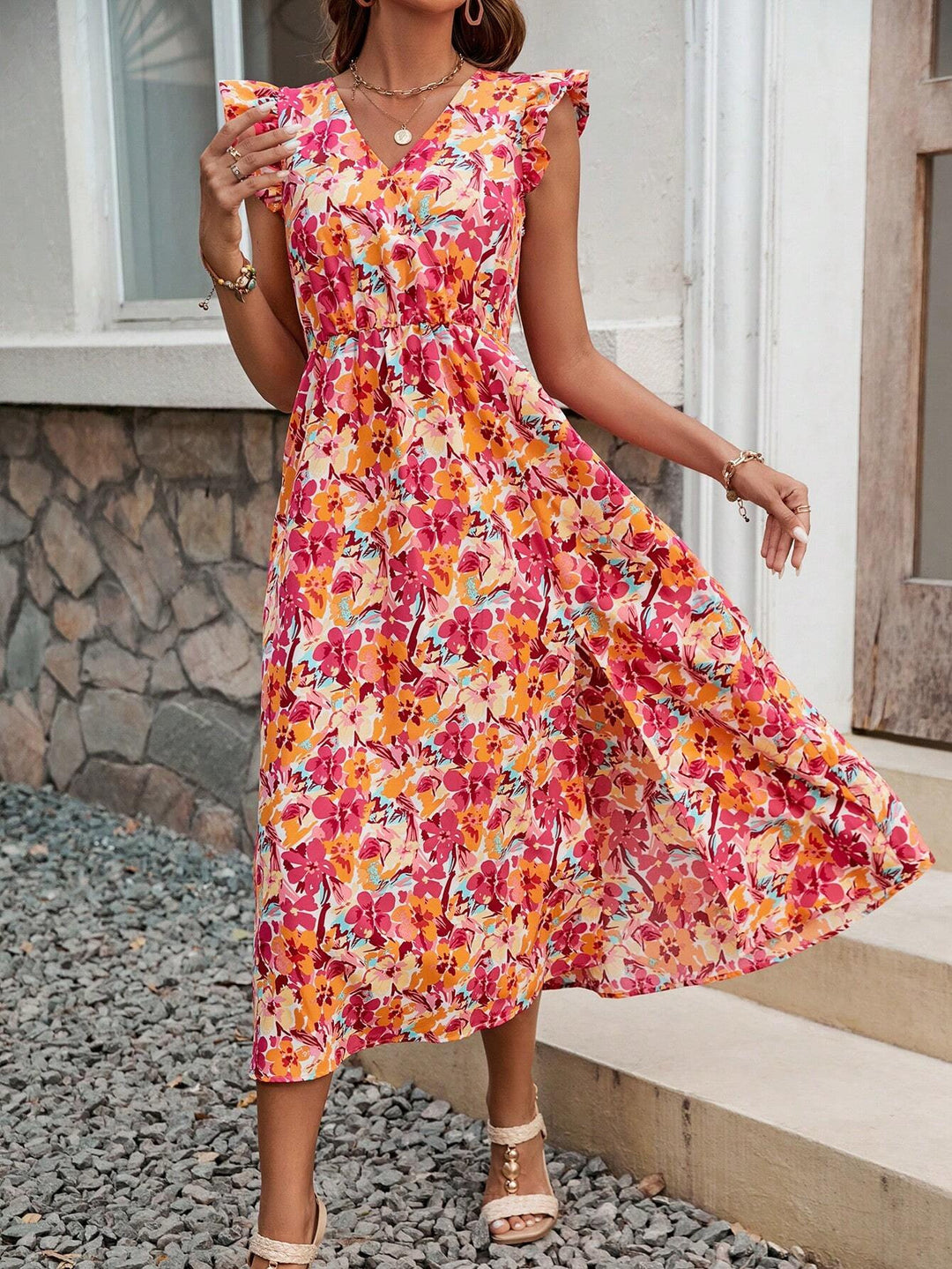 Dame Maxikjole med blomstret design og side split Stilla