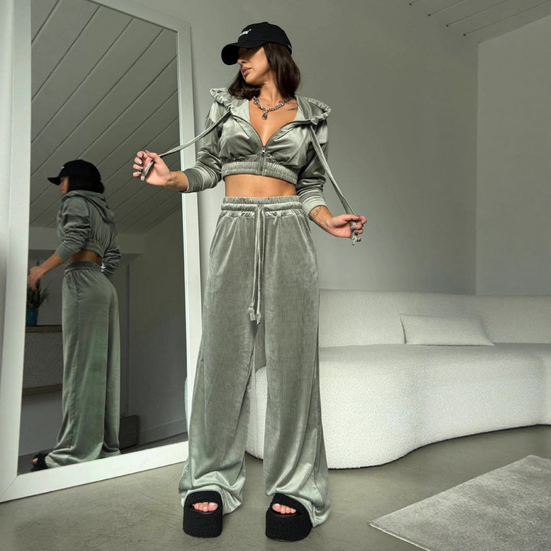 Kvinders sporty velour crop top og maxi bukser sæt Skovae