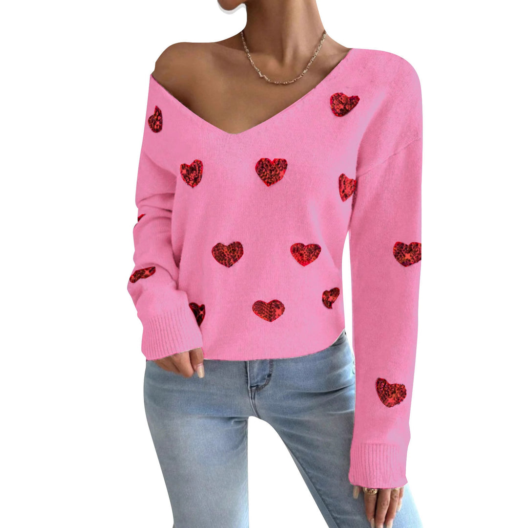 Dame oversized sweater med dyb V-hals og hjerte motiv Stilla