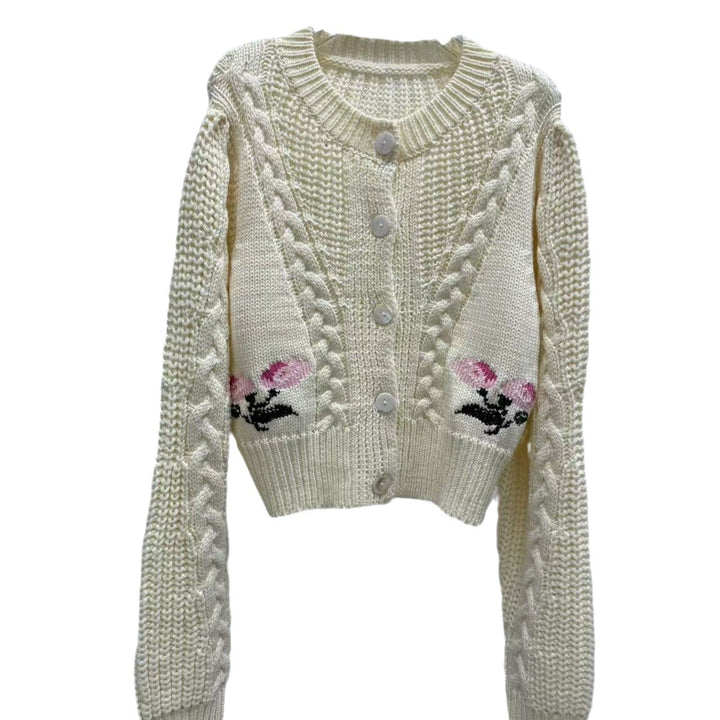 Dame strikjakke med blomster broderi og knapbar front Stilla