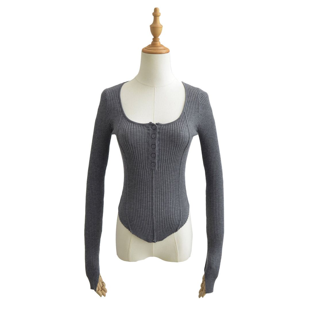 Dame Langærmet bodystocking i elegant ribdesign med knapstolpe Stilla