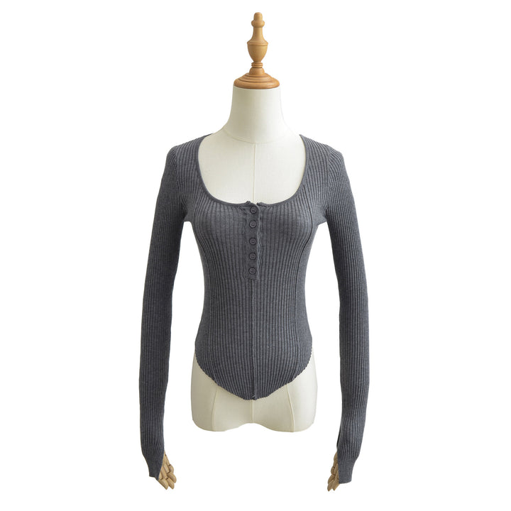 Dame Langærmet bodystocking i elegant ribdesign med knapstolpe Stilla