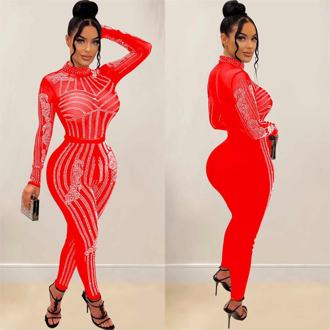 Dame figursyet bodysuit med transparent mesh og glitrende strassdekorationer Stilla