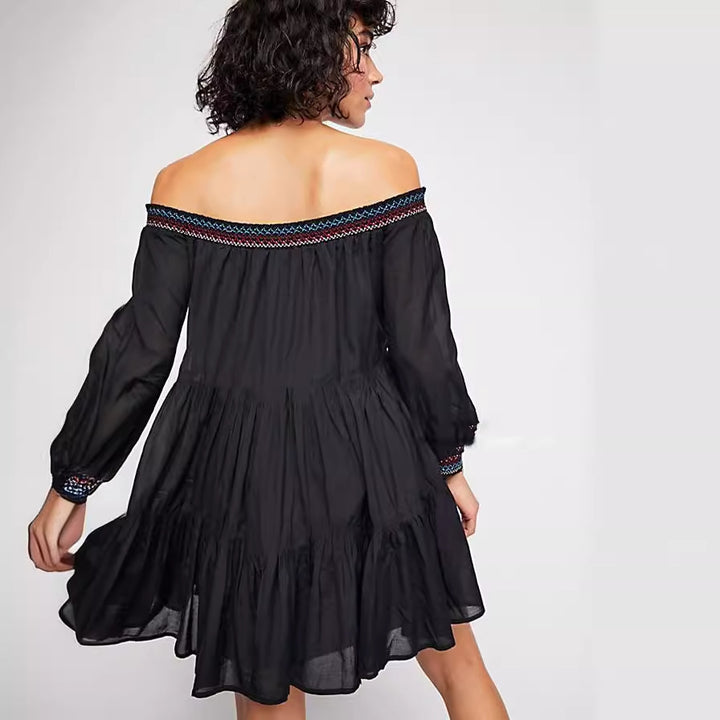 Damer Off-Shoulder Kjole med blomsterbroderi og elastiske ærmer Stilla