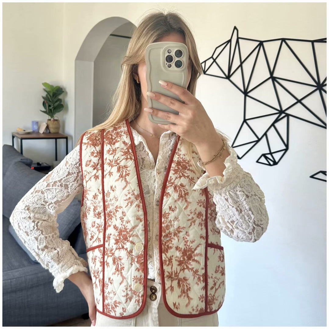 Dame Frynset Vest med blomsterdesign og praktiske lommer Stilla