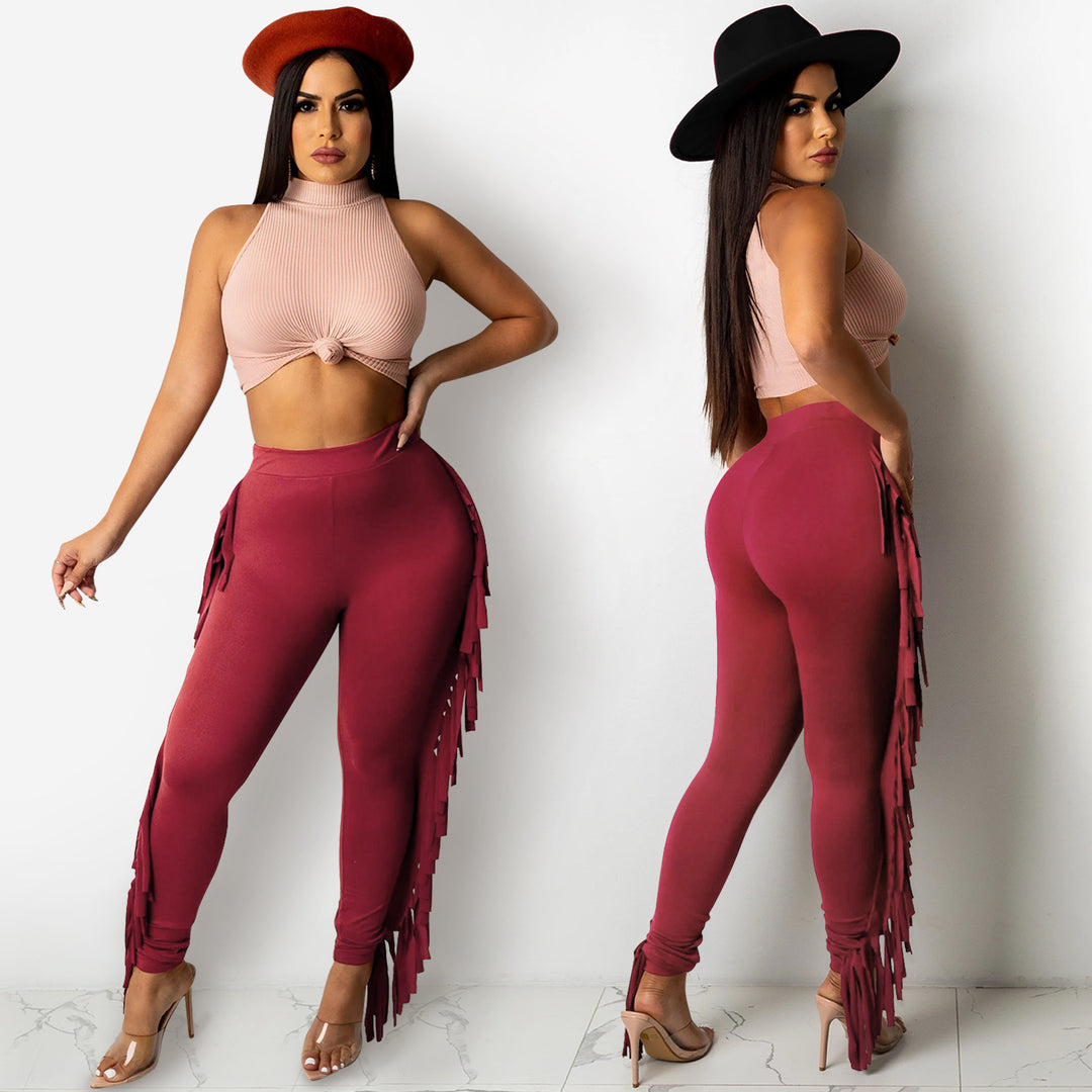 Dame Figurtilpassede High-Waist Leggings med frynser og elastisk talje Stilla