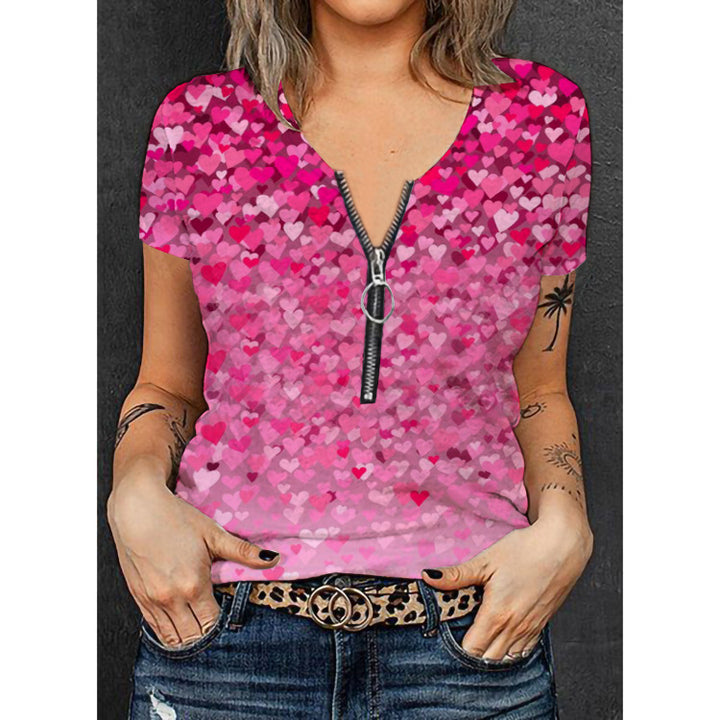 Dame V-hals T-shirt med blomsterprint og lynlås Skovae