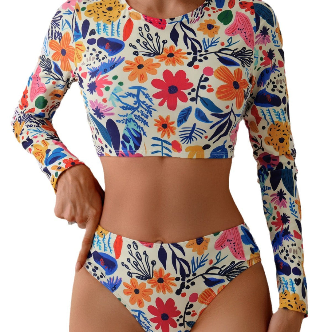 Damer Langærmet Bikini-Sæt med blomsterdesign og høj skæring Stilla