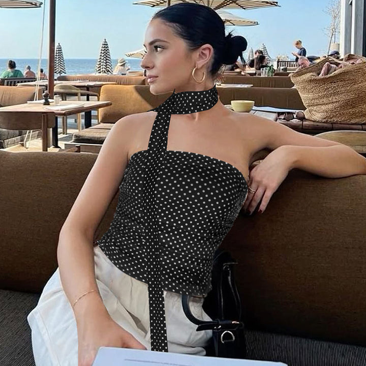 Dame Off-Shoulder A-formet Bluse med Halterneck og Dottmønster Stilla