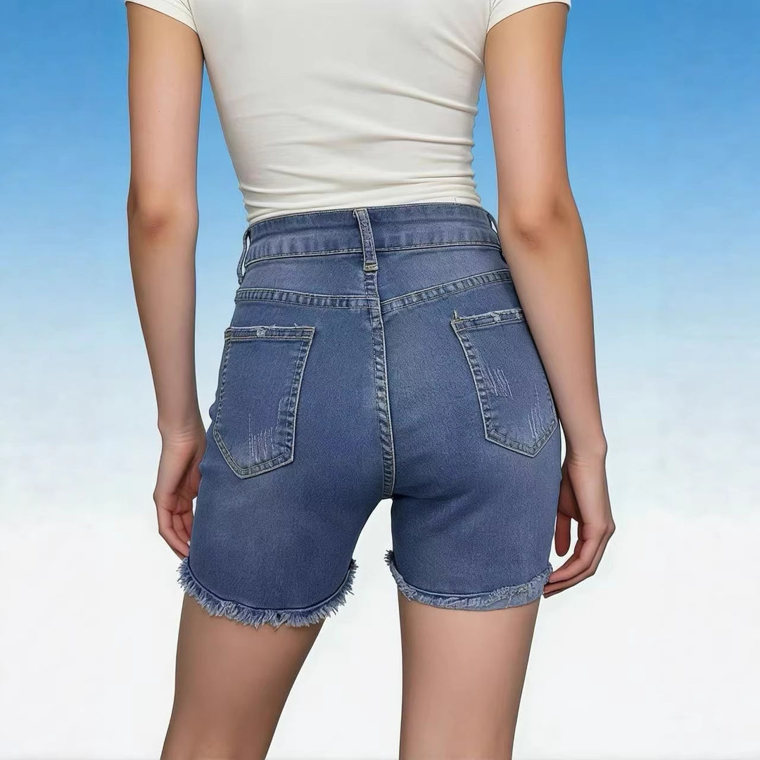 Dame afslappede højtaljede denim-shorts med frynser og fashionable destroyed-detaljer Skovae