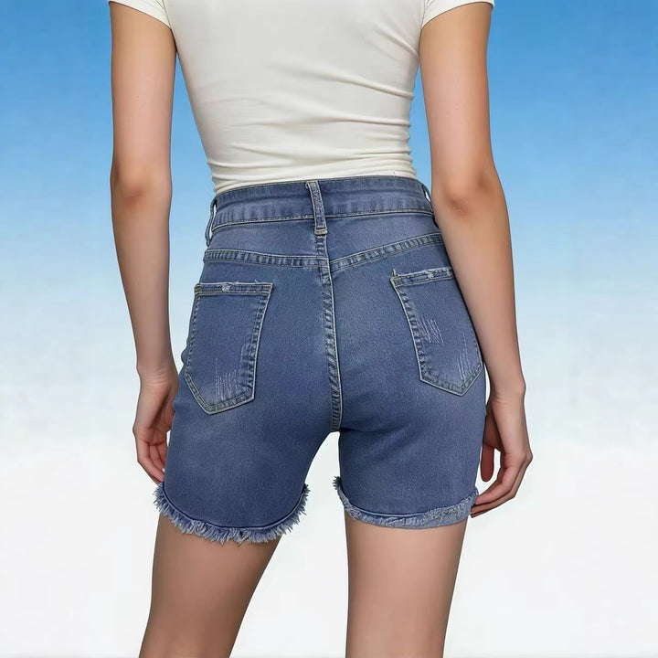 Dame afslappede højtaljede denim-shorts med frynser og fashionable destroyed-detaljer Skovae