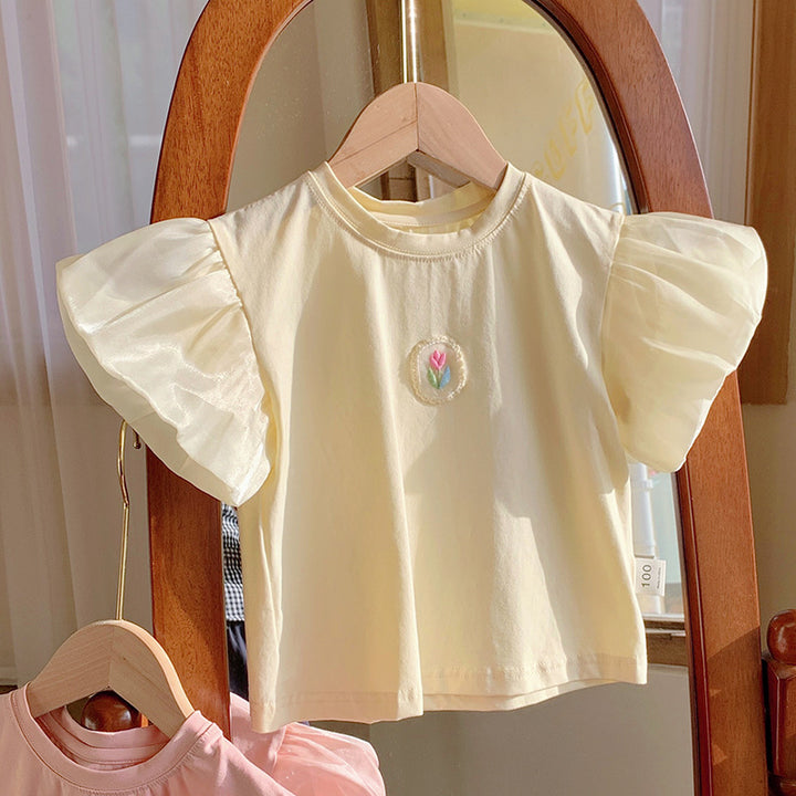 Pige Puffærmer Broderet T-Shirt Stilla