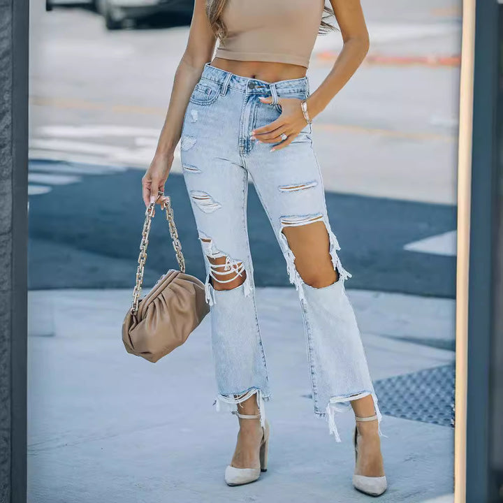 Dame revnede mom jeans med frynset kanter Stilla
