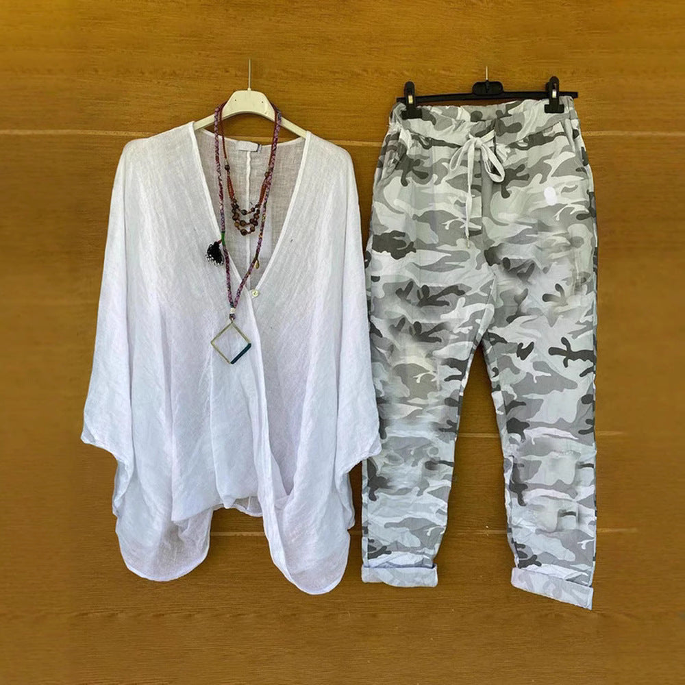 Dame nan to-delt outfit af flydende kimono-top og camouflage-joggingbukser Skovae