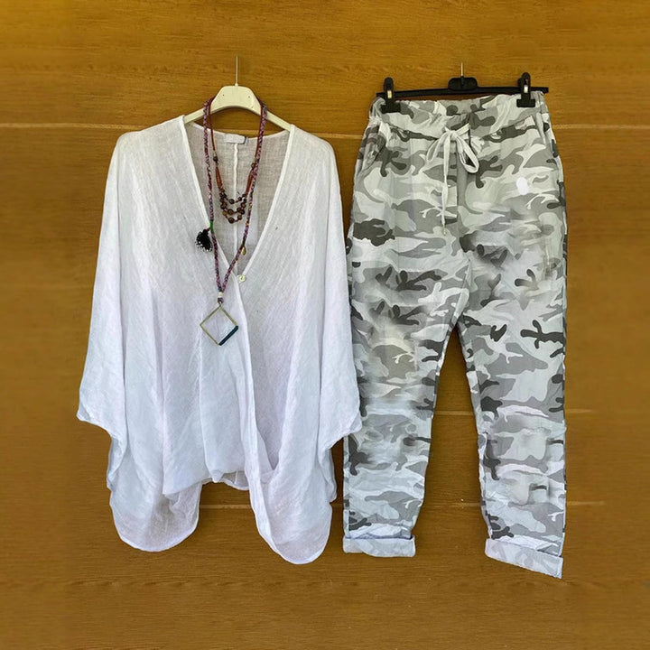 Dame nan to-delt outfit af flydende kimono-top og camouflage-joggingbukser Skovae