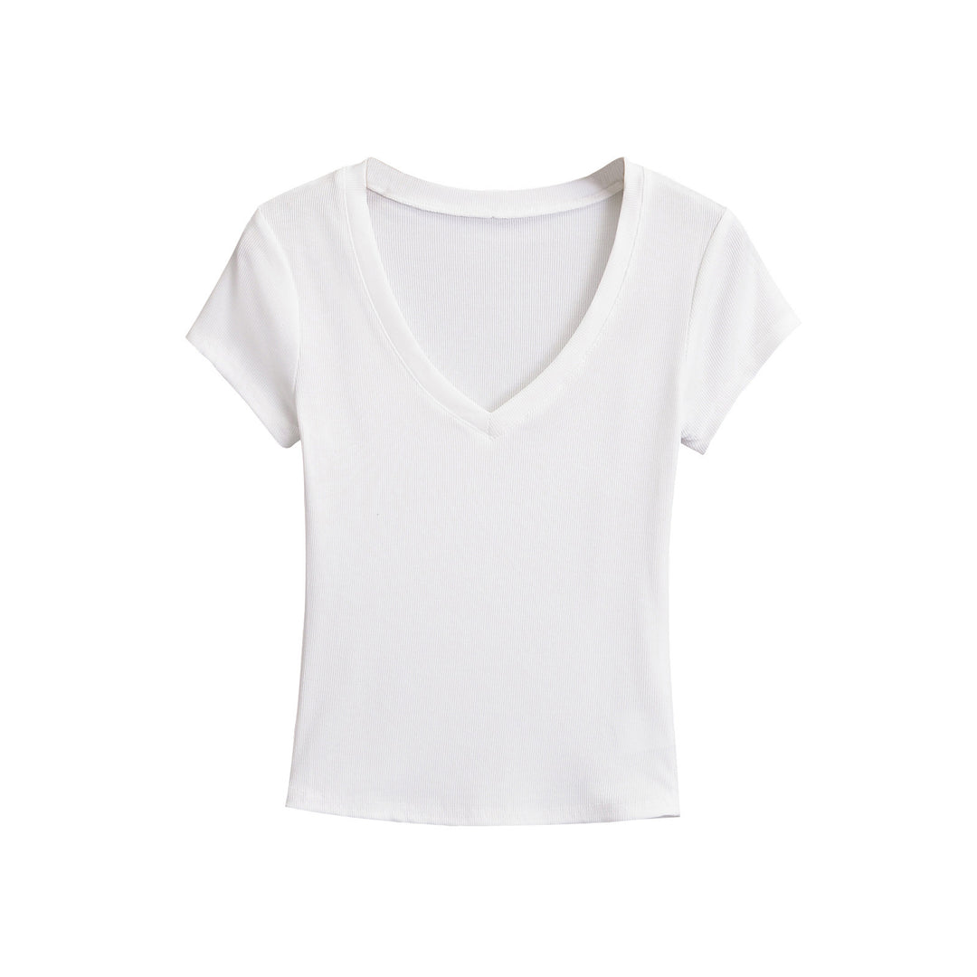 Dame cropped V-hals T-shirt i ribdesign med tætsiddende snit og korte ærmer Stilla