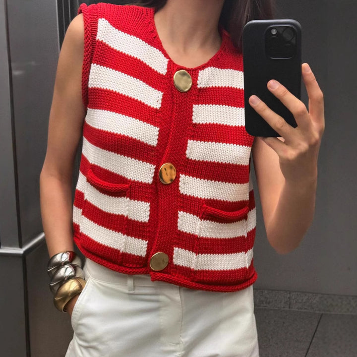 Femme Strikstribet Vest med Dekorative Knapper Stilla