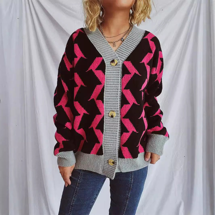 Kvinders cardigan med moderne geometrisk mønster og elegante knapdetaljer Stilla