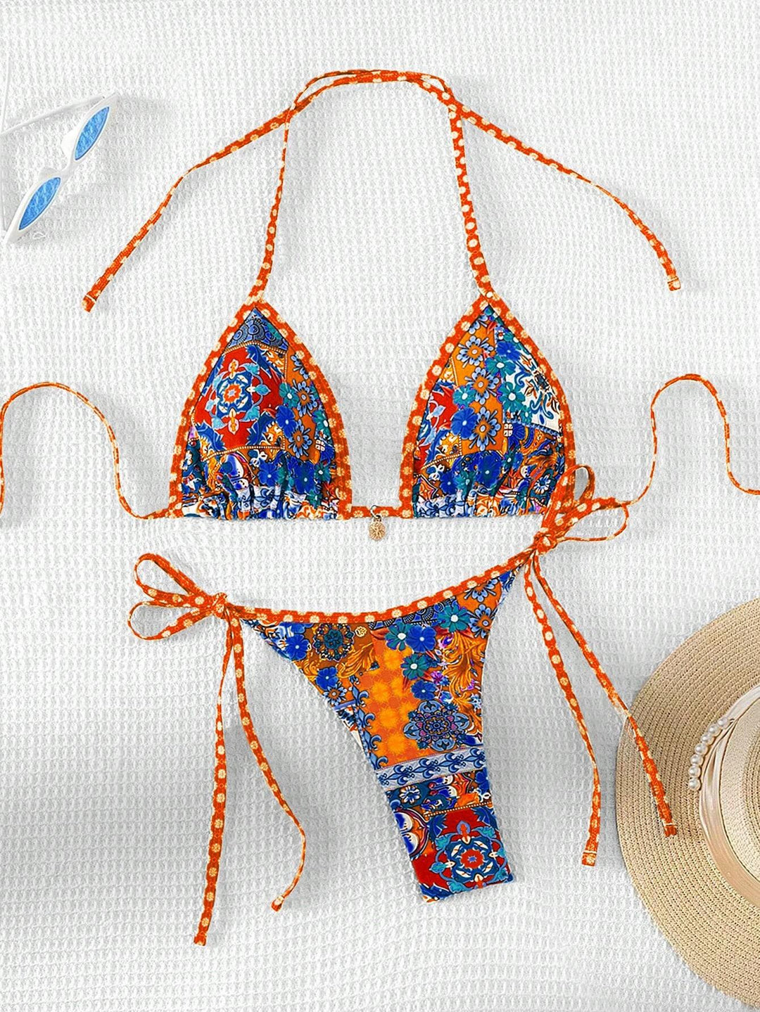Dame triangel-bikini med farverigt blomster mønster mix og justerbare stropper Skovae