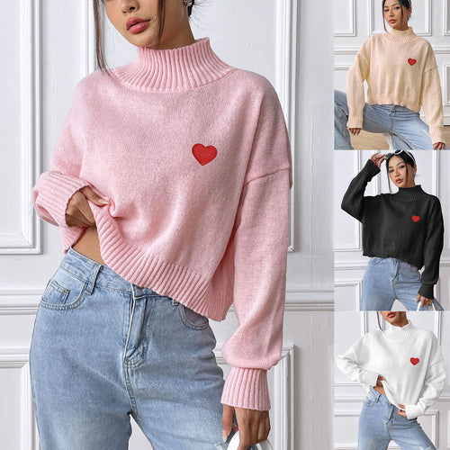Dame hyggelig turtleneck sweater med hjerteapplikation Stilla