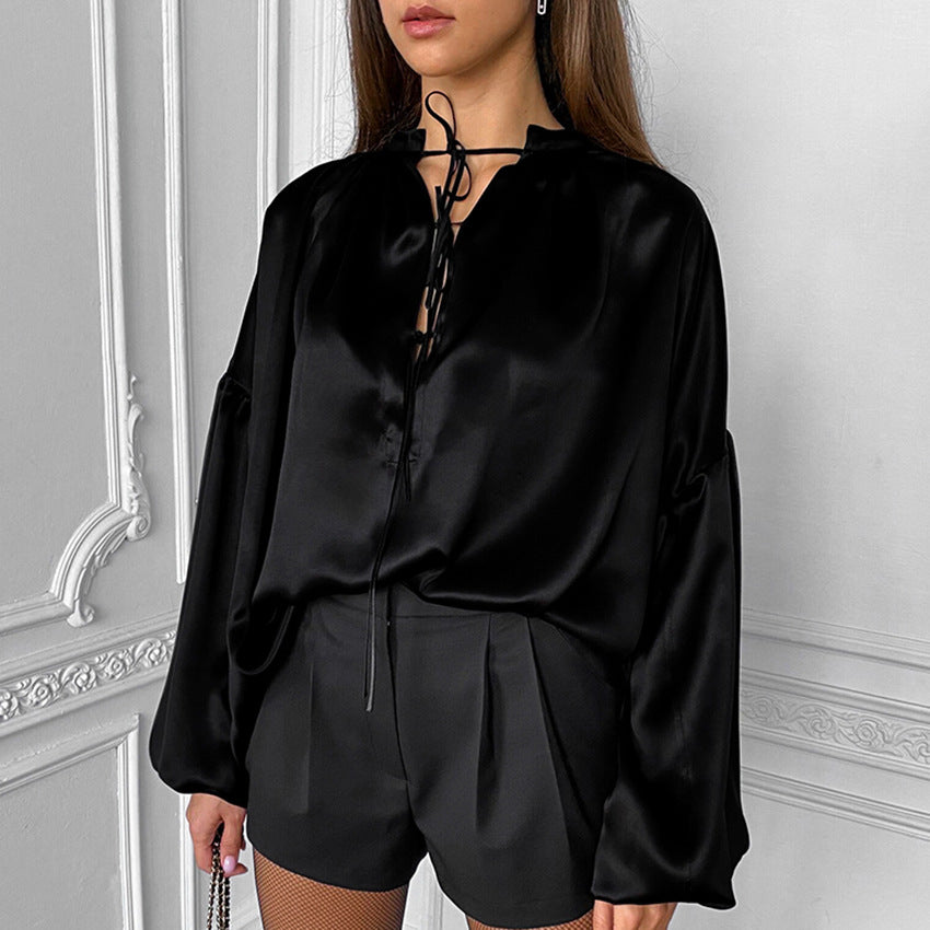 Dame elegant bluse med smart bindebånd og vide ærmer Stilla