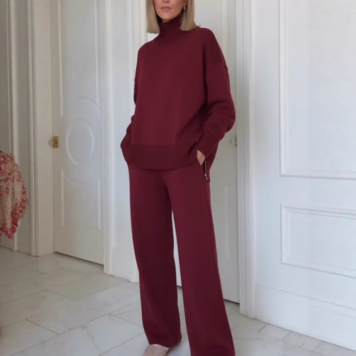 Damers Komfortable Strikket Loungewear Sæt med Højhalset Sweater og Bredskårede Bukser Stilla