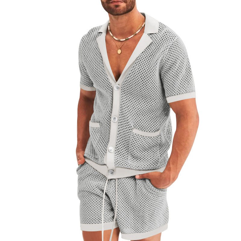 Herrer nan åben netstrik-cardigan med matchende snortræk-shorts Skovae