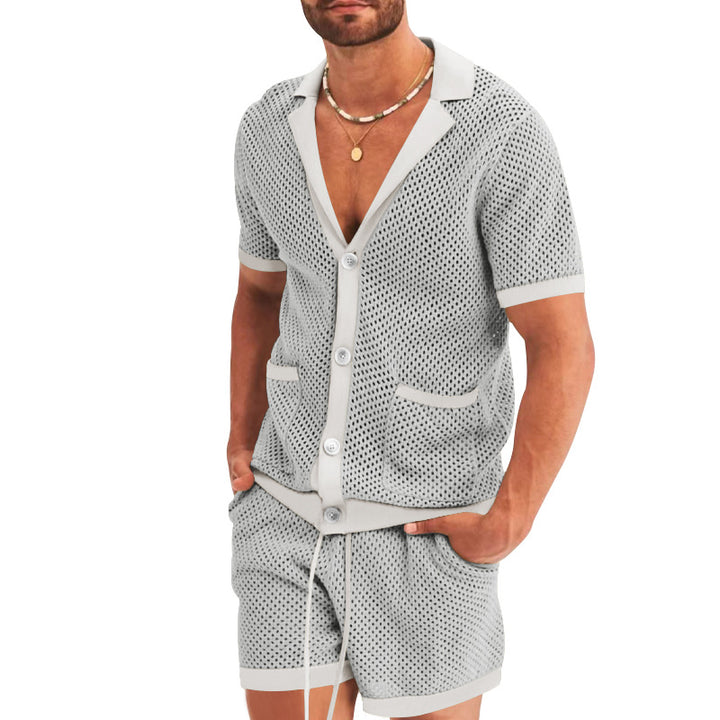 Herrer nan åben netstrik-cardigan med matchende snortræk-shorts Skovae