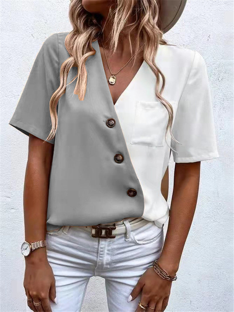 Dame asymmetrisk Button-Up top med kontraststoffer og brystlomme Stilla