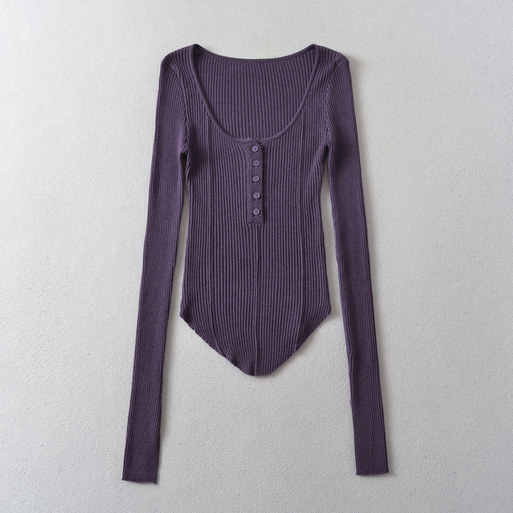 Dame Langærmet bodystocking i elegant ribdesign med knapstolpe Stilla