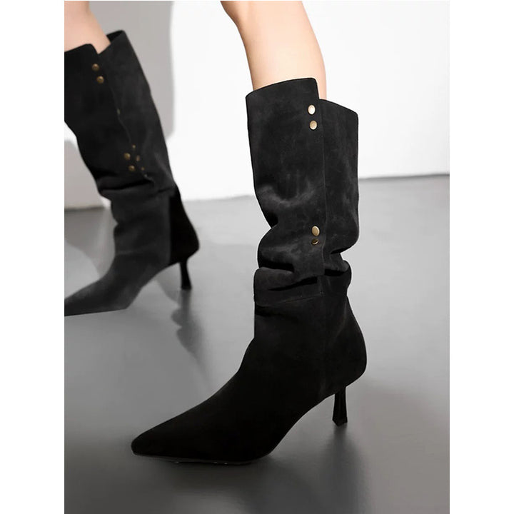 Femme Over-knæet Suede Spidse Stiletto Støvler med Dekorative Knapper Stilla