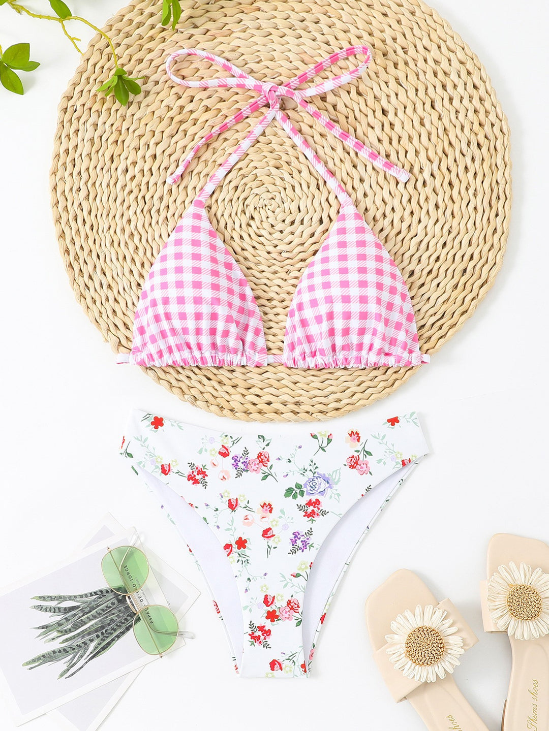 Dame Bikiniset med blomsterdesign og gingham-mønster Skovae