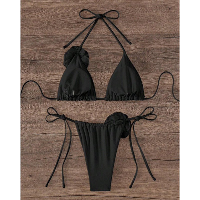 Dame triangulær bikini med flettet ruffles design og blomst detalje Skovae