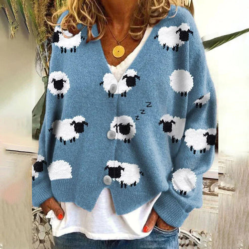 Dame cardigan med sjove fårepatterne Stilla