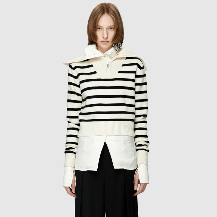 Dame sweater med struktureret krave og stribet design Stilla