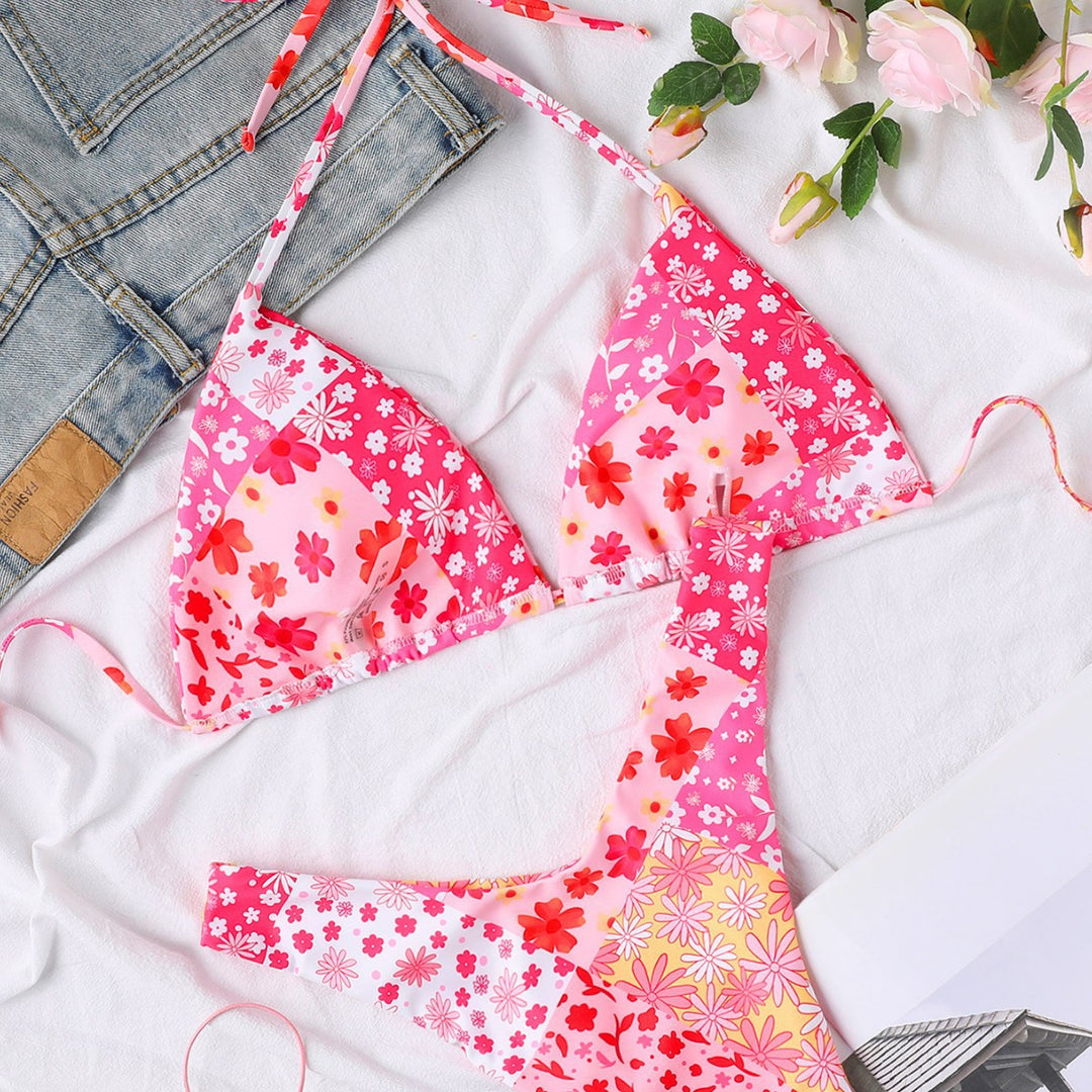 Dame Triangel-Bikini med blomsterdesign og højt skåret trusse Stilla