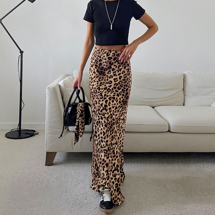 Dame Maxi-nederdel med trendy leopardmønster og elastisk liv Stilla