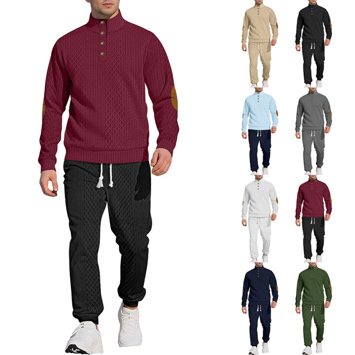 Herre nan struktureret strik-fritidsoutfit med halvknap-høj krave, daim-ellbogenlapper og snøre-bund joggers Skovae
