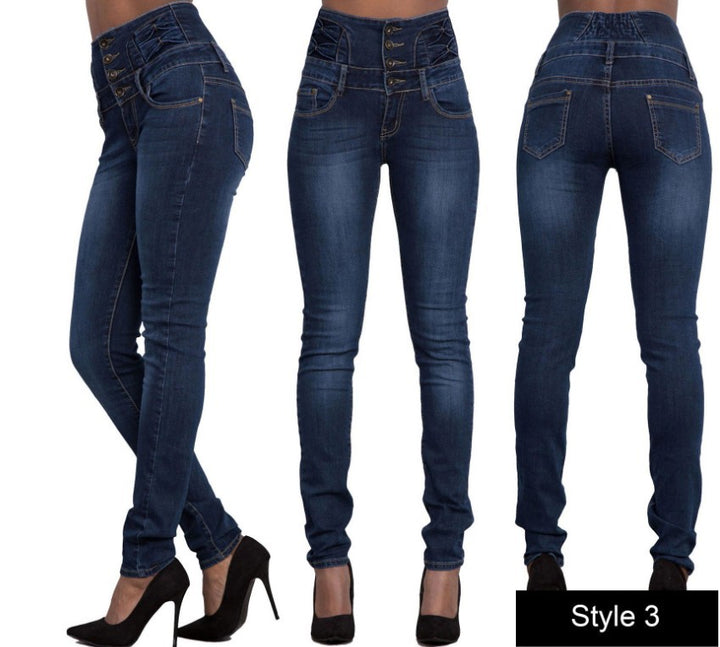Dame højtaljede skinny jeans med dekorative knapper og samtidig figursiddende design Stilla