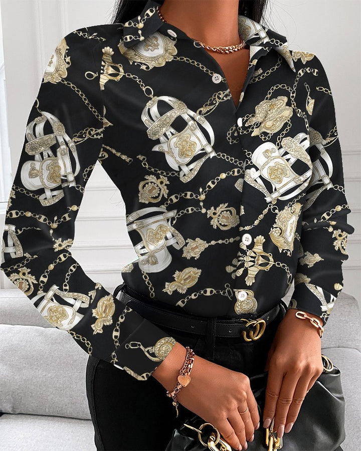 Dame Elegant Bluse med kunstnerisk tryk og fine detaljer Stilla